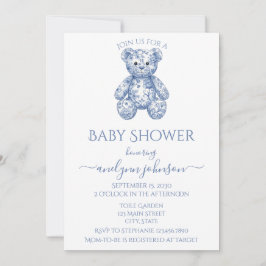 Blue Toile Nalle Boy Baby Shower Inbjudningar