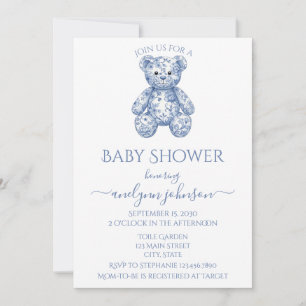 Blue Toile Nalle Boy Baby Shower Inbjudningar