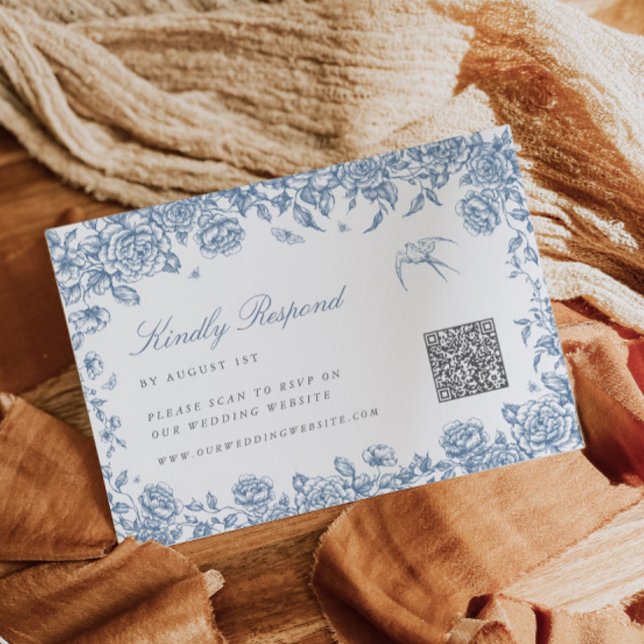 Blue Toile-OSA kort med QR-kod Chinoiserie Bird (Skapare uppladdad)