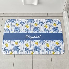 Blue Toile Palm Trees Lemons Monogram Name Badrumsmatta