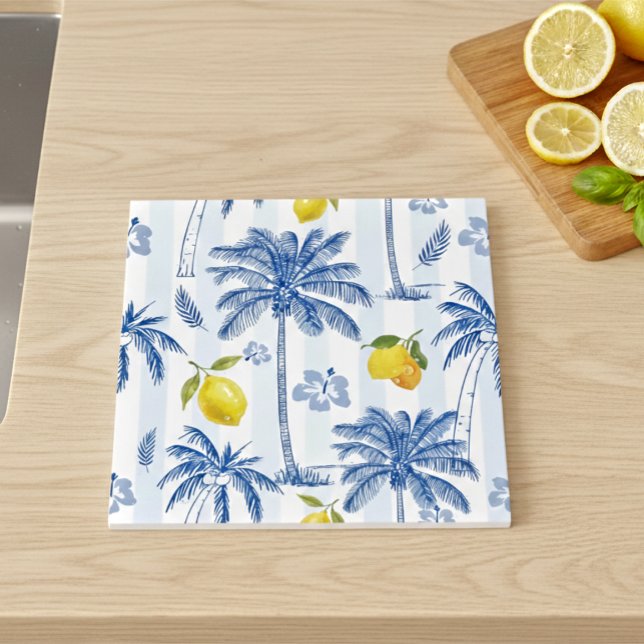 Blue Toile Palm Trees Lemons Pattern Kakelplatta (Skapare uppladdad)