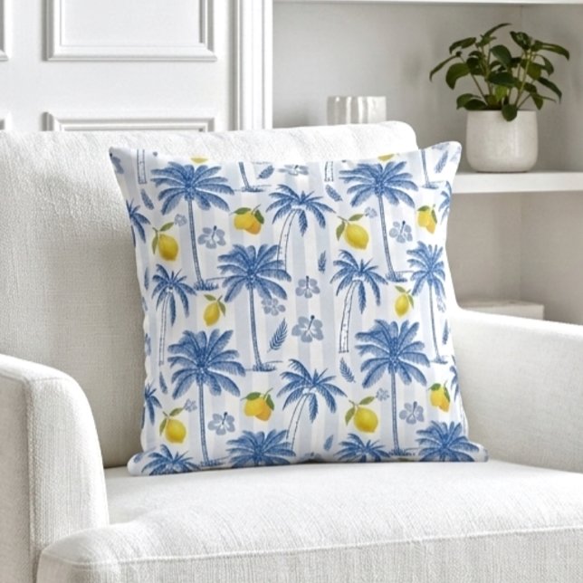 Blue Toile Palm Trees Lemons Pattern Kudde (Skapare uppladdad)