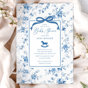 Blue Toile Rocking Horse Baby Shower Inbjudningar
