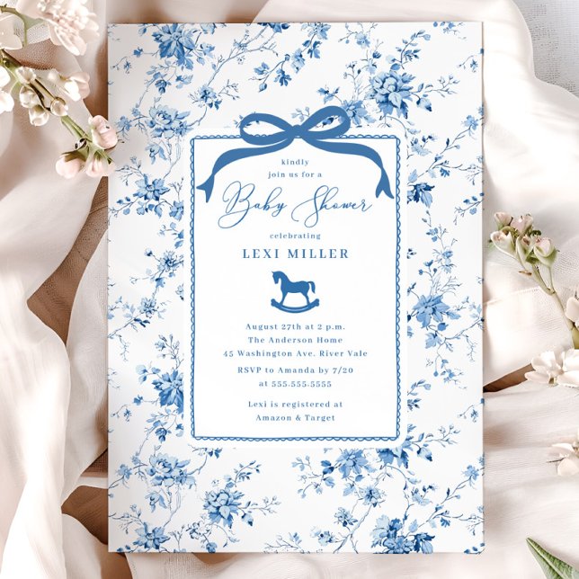 Blue Toile Rocking Horse Baby Shower Inbjudningar (Skapare uppladdad)