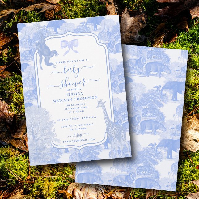 Blue Toile Safari Animals Chinoiserie Baby Shower Inbjudningar (Blue Toile Safari Animals Chinoiserie Baby Shower Invitation)