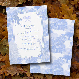 Blue Toile Safari Animals Chinoiserie Boy Birthday Inbjudningar