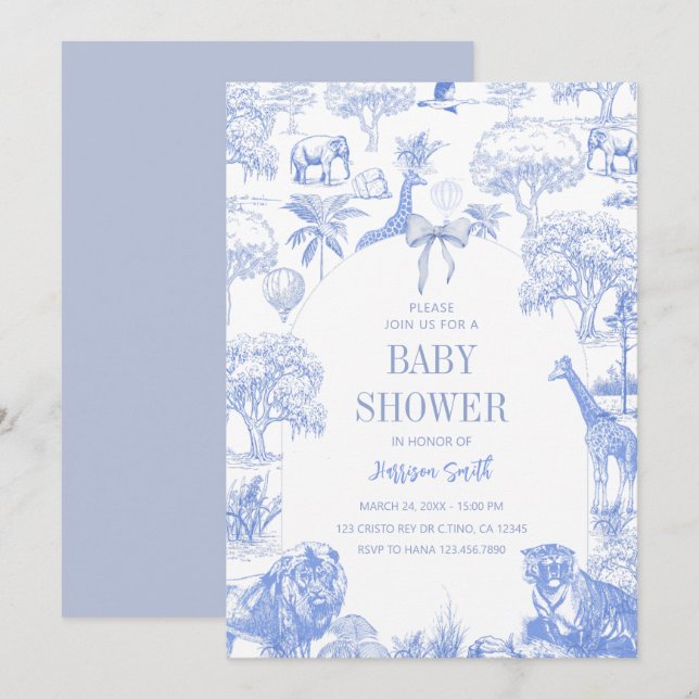 Blue Toile Safari Baby Shower-inbjudan Inbjudningar (Fram/baksida)