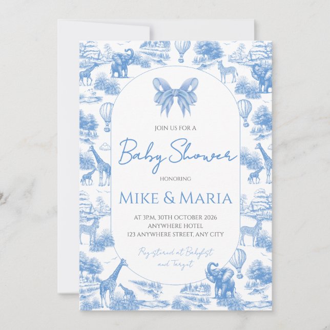 Blue Toile Safari Baby Shower Invitation Inbjudningar (Framsida)