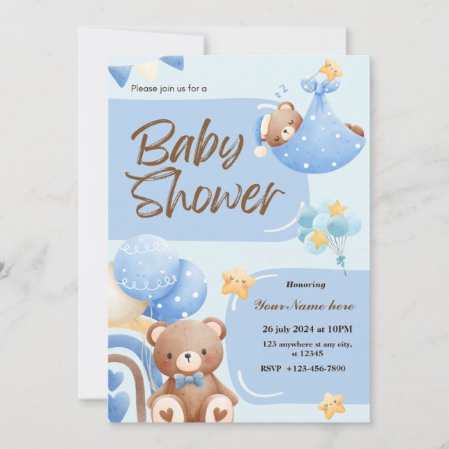 Blue Toppen Cute Bear Baby Shower Boy Inbjudningar (Framsida)