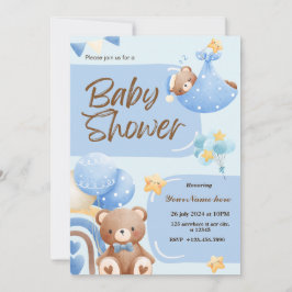 Blue Toppen Cute Bear Baby Shower Boy Inbjudningar