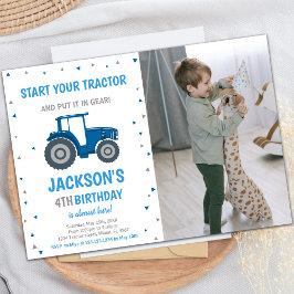 Blue Tractor Birthday Invitations with photo Inbjudningar