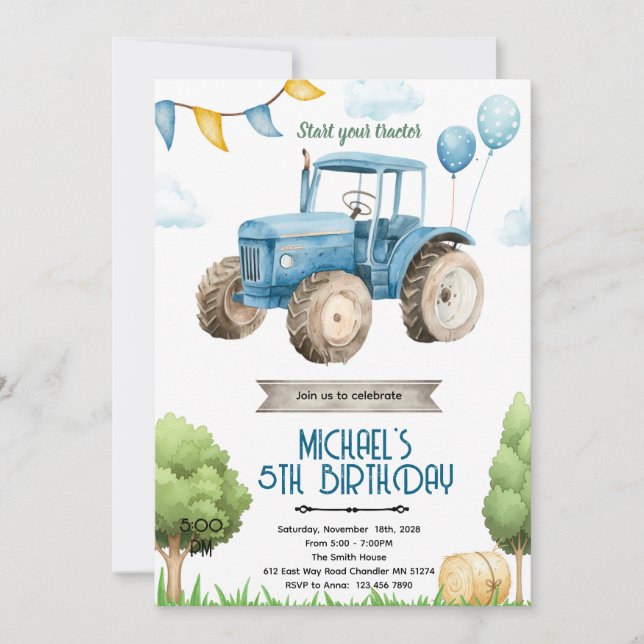 Blue tractor birthday party invitation inbjudningar (Framsida)