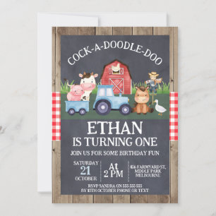 Blue Tractor Chalkboard Wood Farm Birthday Inbjudningar