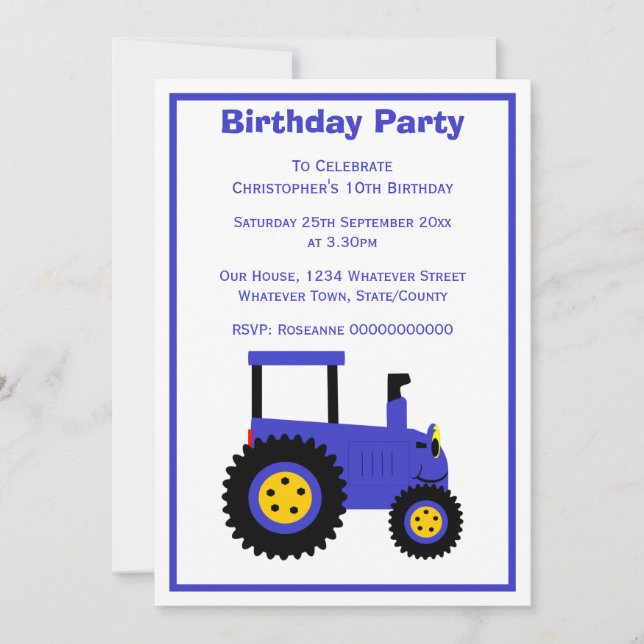 Blue Tractor Design Personalised Birthday Party Inbjudningar (Framsida)