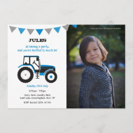 Blue Tractor Födelsedagsfest Inbjudan med foto