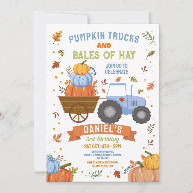 Blue Tractor Pumpkin Birthday Harvest Party Inbjudningar (Framsida)