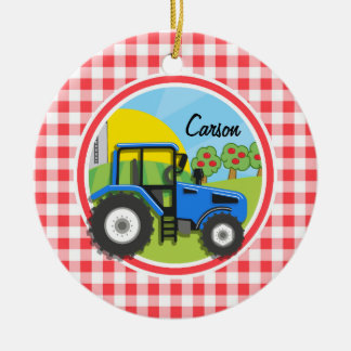 Blue Tractor; Red and White Gingham Julgransprydnad Keramik