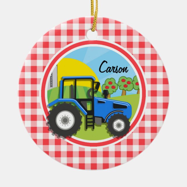 Blue Tractor; Red and White Gingham Julgransprydnad Keramik (Framsidan)