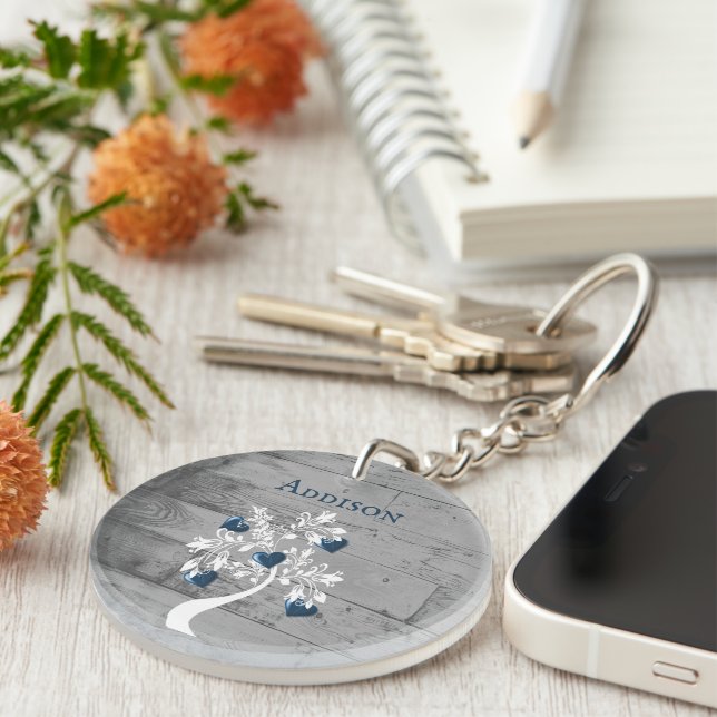 Blue Träd i Hearts Personlig Keychain (Högra Framsidan)