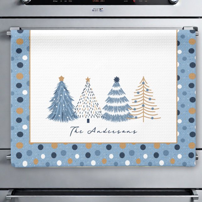 Blue Träd Modern Dots jul Helgdag Namn Kökshandduk (Blue Trees Modern Dots Christmas Holiday Name Kitchen Towel)