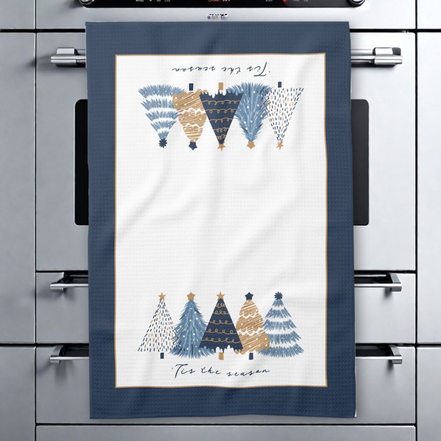 Blue Träd Modern Endern Jul Helgdag Namn Kökshandduk (Blue Trees Modern Simple Christmas Holiday Name Kitchen Towel)