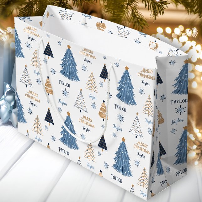 Blue Träd Modern jultext Namn (Blue Trees Modern Christmas Name Text Large Gift Bag)
