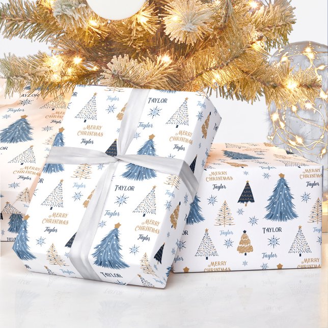 Blue Träd Modern jultext Namn Presentpapper (Blue Trees Modern Christmas Blue Name Text Wrapping Paper)