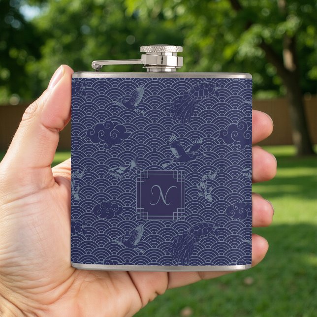 Blue Traditional Japanese Wave Seigaiha Monogram Fickplunta (Skapare uppladdad)