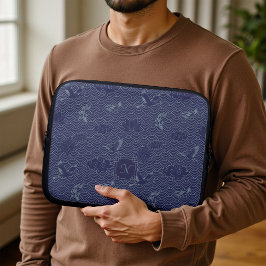 Blue Traditional Japanese Wave Seigaiha Monogram Laptop Fodral
