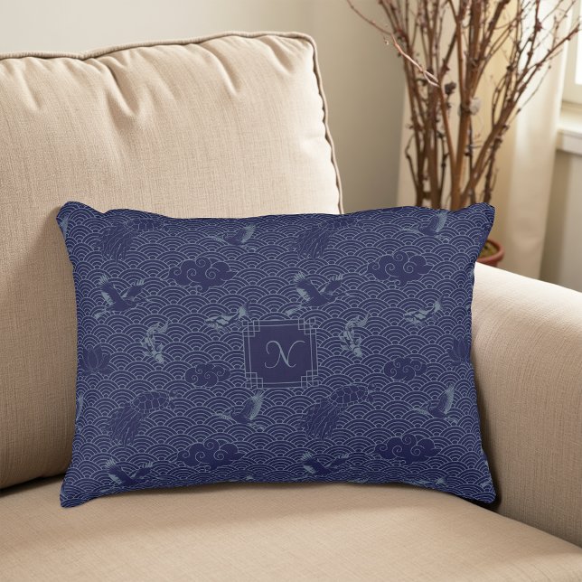 Blue Traditional Japanese Wave Seigaiha Pattern Prydnadskudde (Skapare uppladdad)