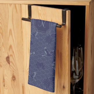 Blue Traditional Japansk Wave Seigaiha Monogram Kökshandduk