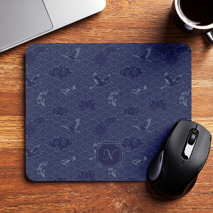 Blue Traditional Japansk Wave Seigaiha Monogram Musmatta