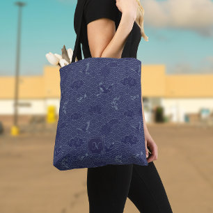 Blue Traditional Japansk Wave Seigaiha Monogram Tygkasse