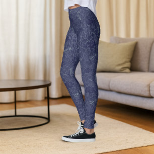 Blue Traditional Japansk Wave Seigaiha Mönster Leggings