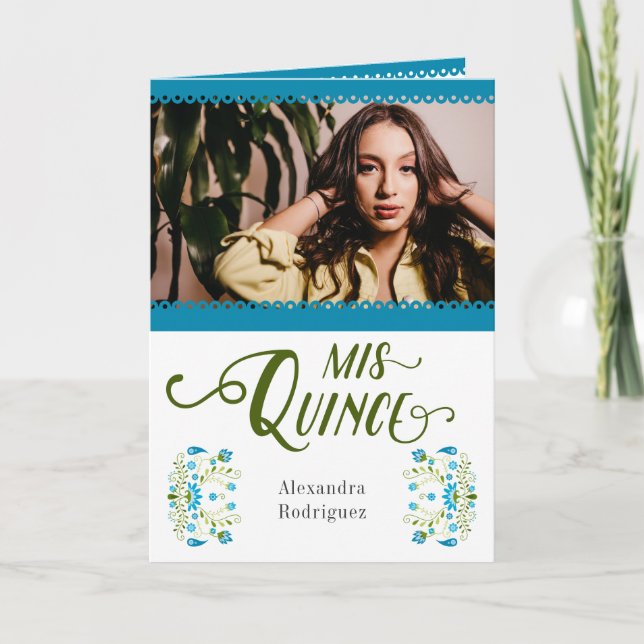 Blue Traditional Mexican Blommigt Photo Quinceaner Inbjudan (Framsida)
