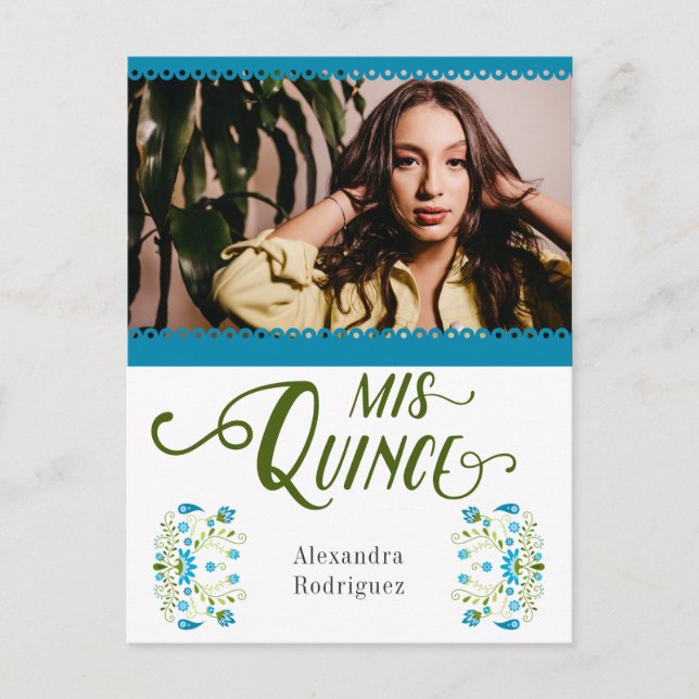 Blue Traditional Mexican Blommigt Photo Quinceaner Inbjudan Vykort (Framsida)