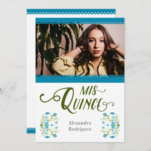Blue Traditional Mexican Blommigt Photo Quinceaner Inbjudningar (Fram/baksida)