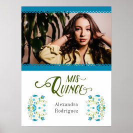 Blue Traditional Mexican Blommigt Photo Quinceaner Poster