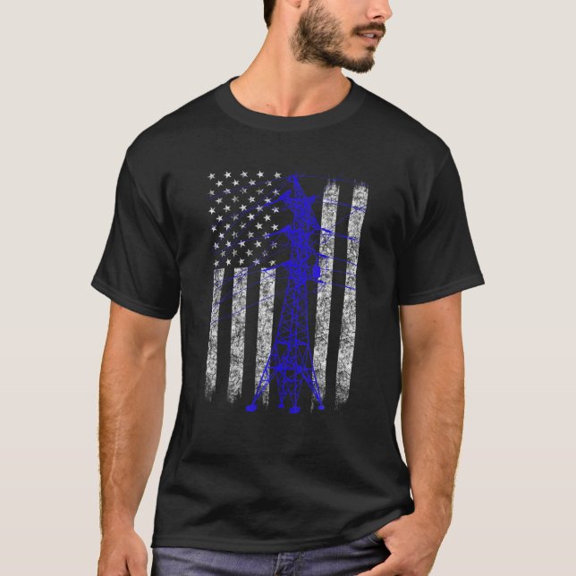 Blue Transmission Torn American Flagga Lineman Ele T Shirt (Framsida)