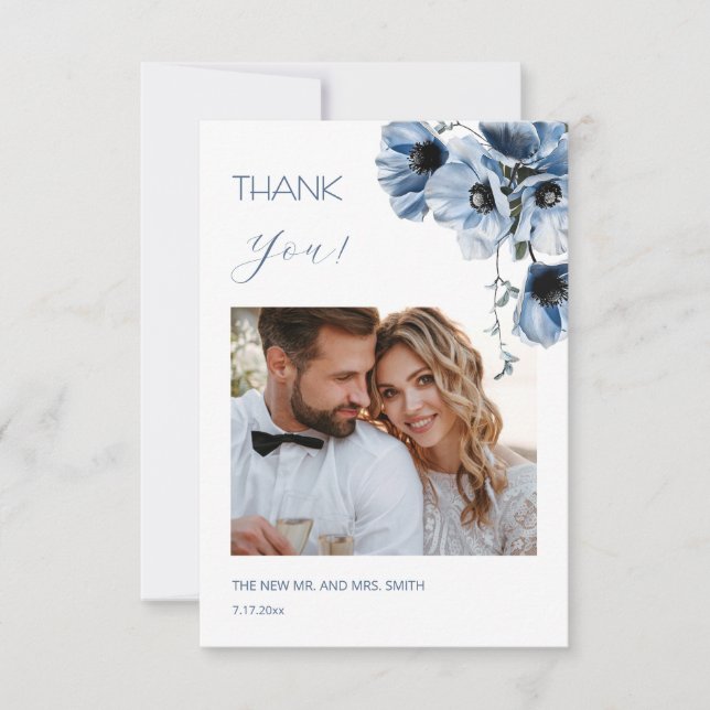 Blue Transparent Flowers Wedding Thank You Card Tack Kort (Framsida)