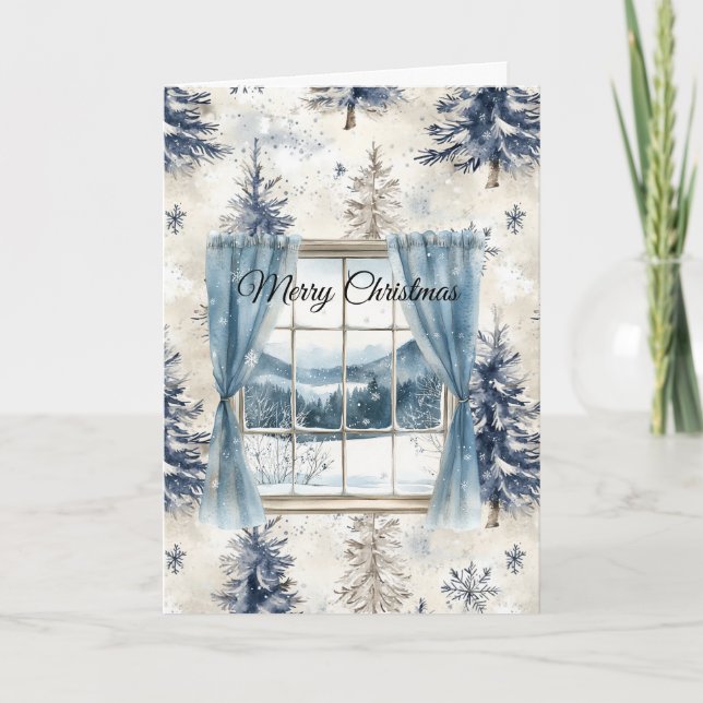 Blue Trees Snowflakes Christmas Window Kort (Framsida)