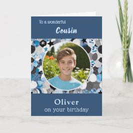 Blue Trendy Modern Cousin Birthday Custom Photo Kort