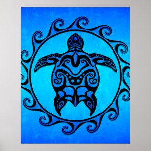 Blue Tribal Turtle Sol Poster