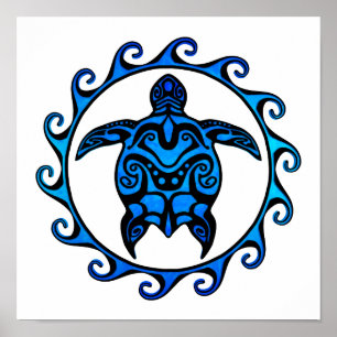 Blue Tribal Turtle Sol Poster