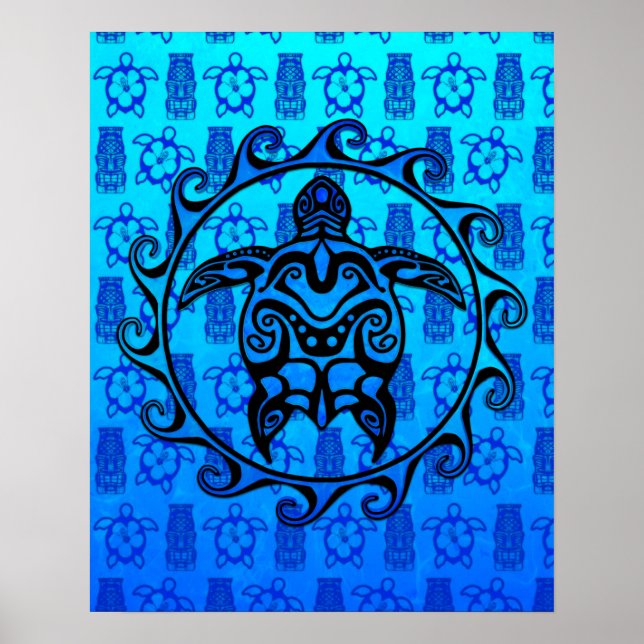 Blue Tribal Turtle Sol Poster (Framsidan)