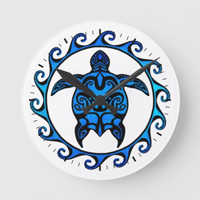 Blue Tribal Turtle Sol Rund Klocka (Framsida)