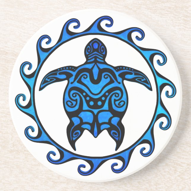 Blue Tribal Turtle Sol Underlägg Sandsten (Framsidan)