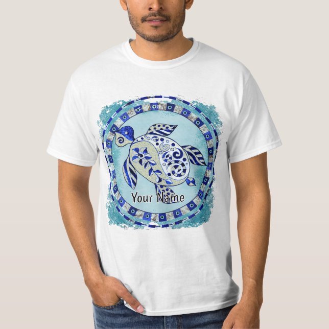 Blue Tribal Turtle T Shirt (Framsida)