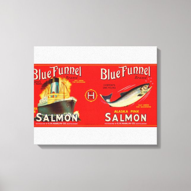 Blue Trnel Brand Salmon Label-Seattle, WA Canvastryck (Framsida)