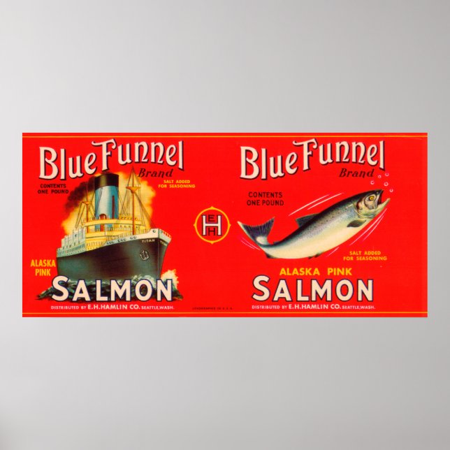 Blue Trnel Brand Salmon Label-Seattle, WA Poster (Framsidan)
